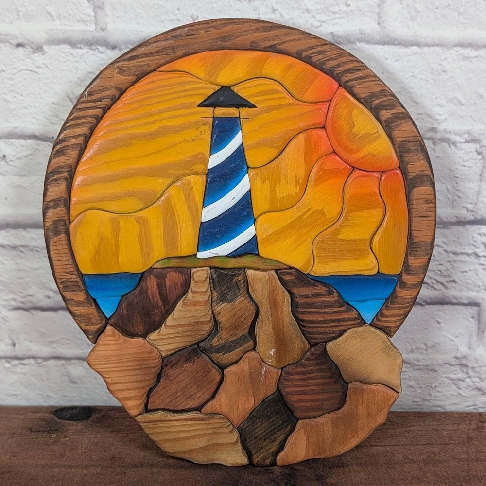 Nick Vidakovic Intarsia Wood Wall Art 12x14.5 Multicolor Excellent Lighthouse